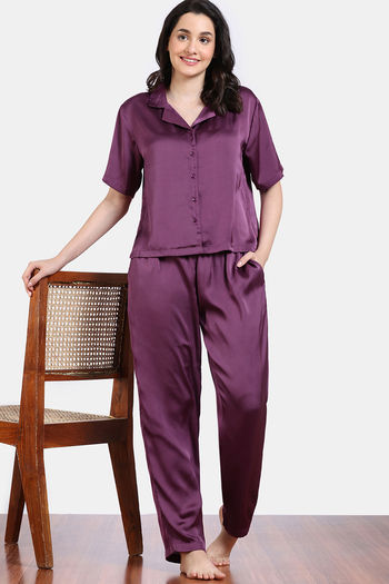Buy Zivame Paradise Garden Woven Pyjama Set - Dark Purple